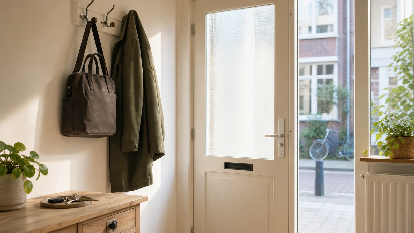 Een Nederlandse gang met jas, tas en sleutels bij de voordeur.