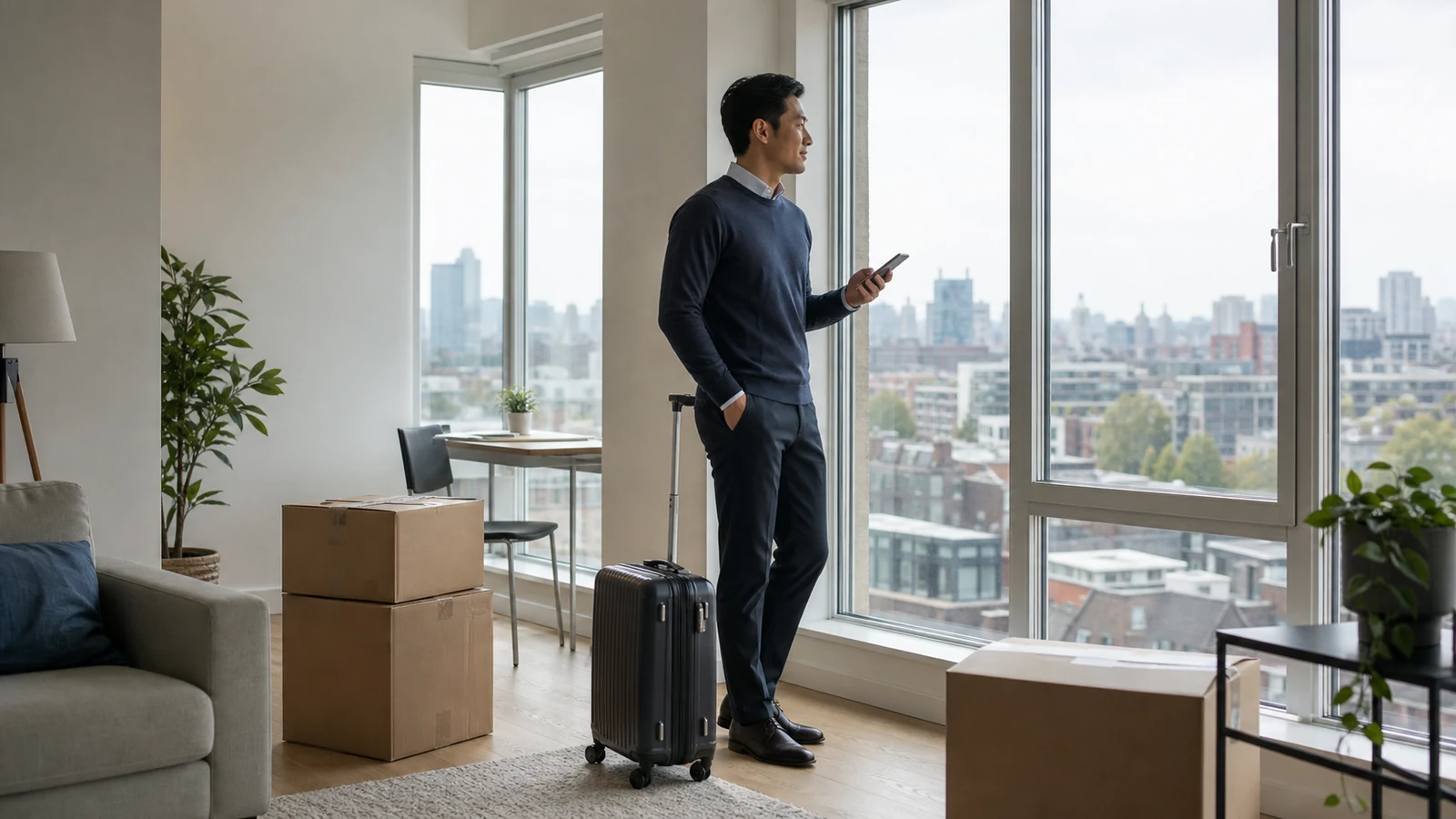 An international employee with a suitcase and moving boxes looking out over the city.
