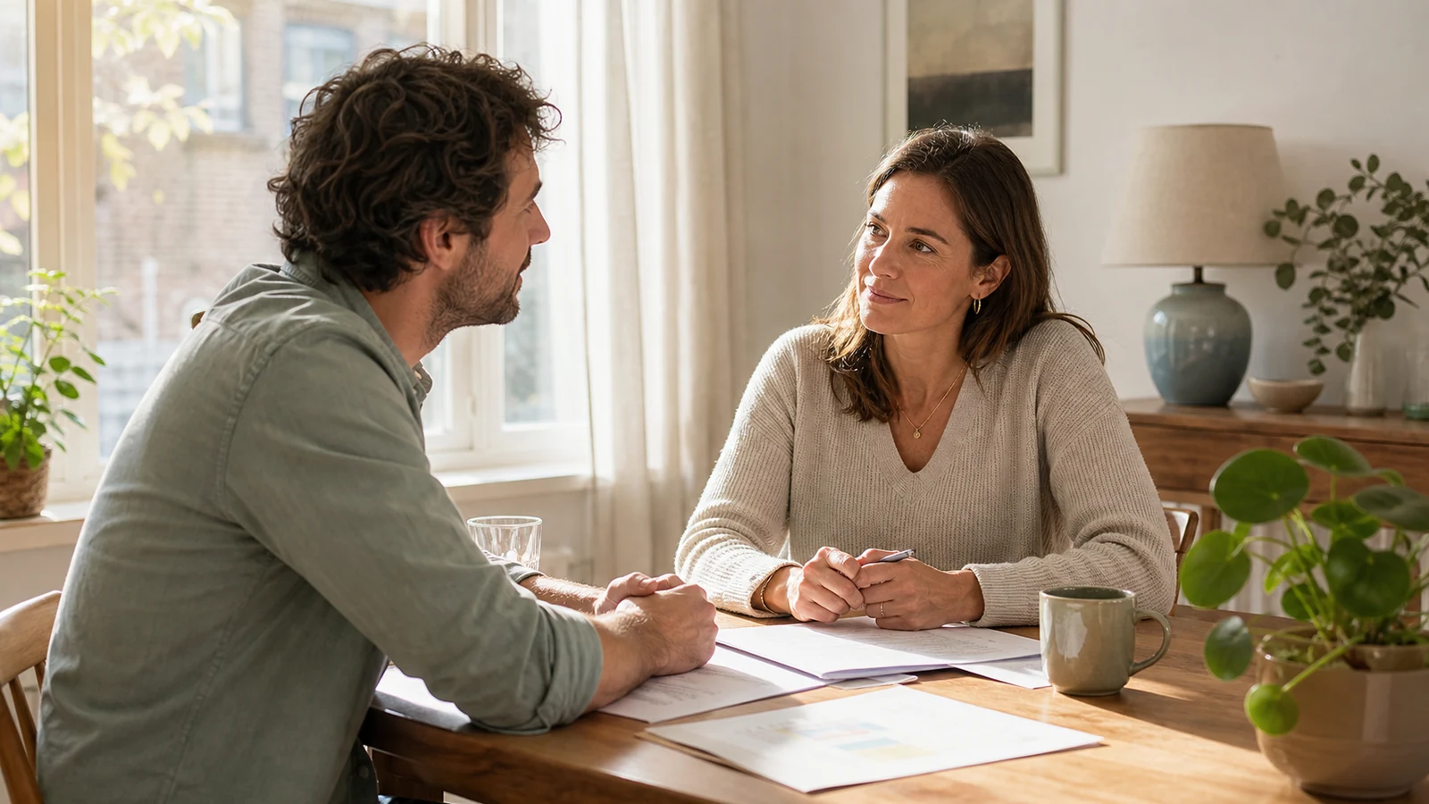 Twee mensen in een rustig, vertrouwelijk gesprek aan tafel.
