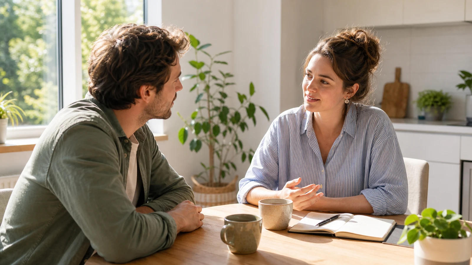 Een medewerker en een Huursterk-expert in gesprek aan de keukentafel.