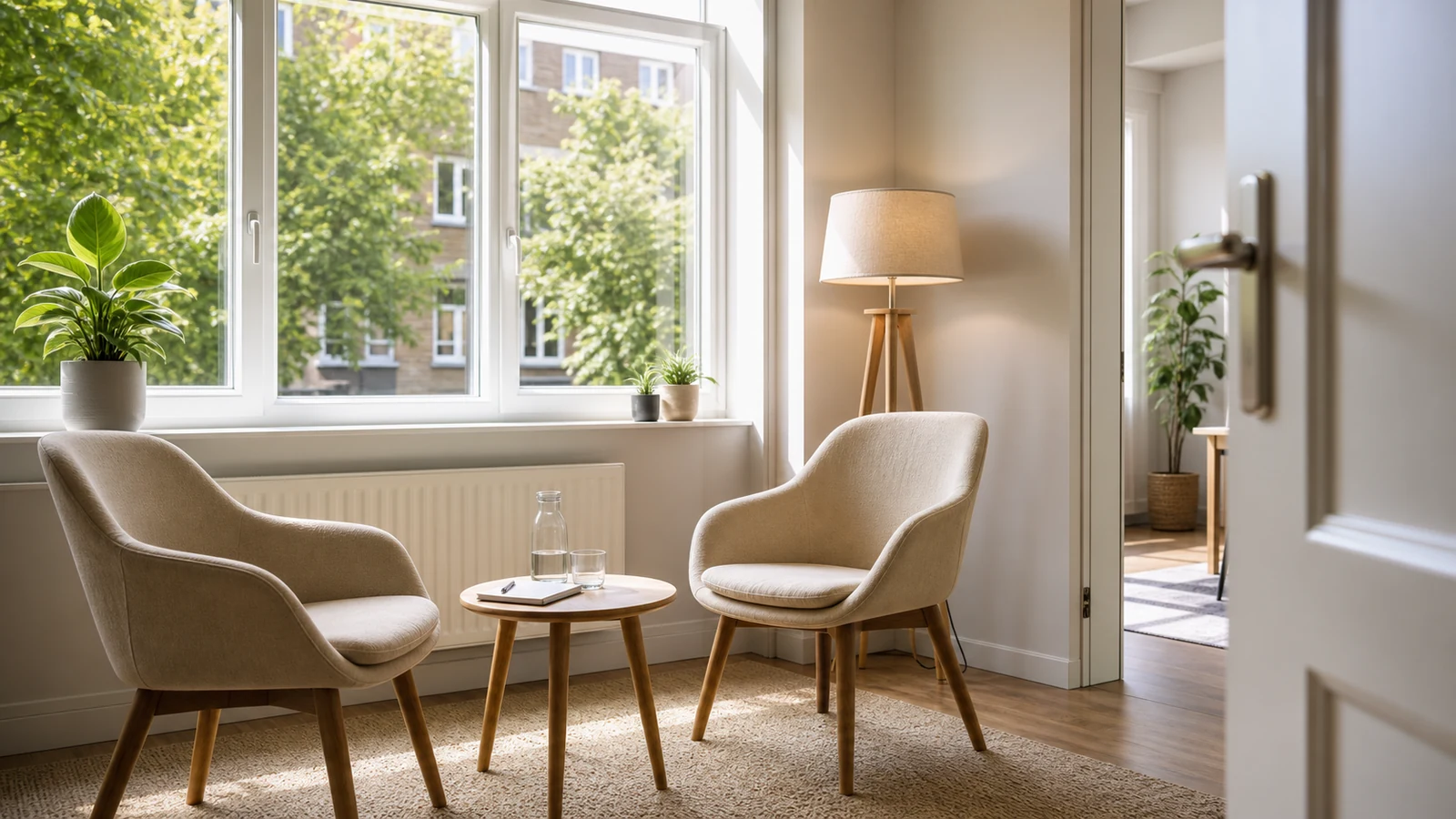 Twee fauteuils bij een raam, klaar voor een rustig gesprek.