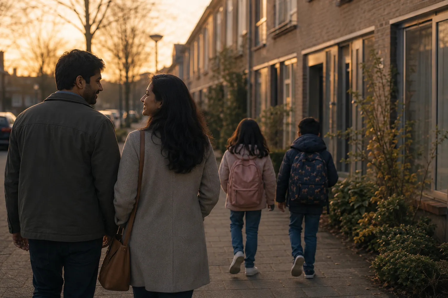 Rohan en zijn vrouw lopen met hun kinderen door een Nederlandse straat bij zonsondergang