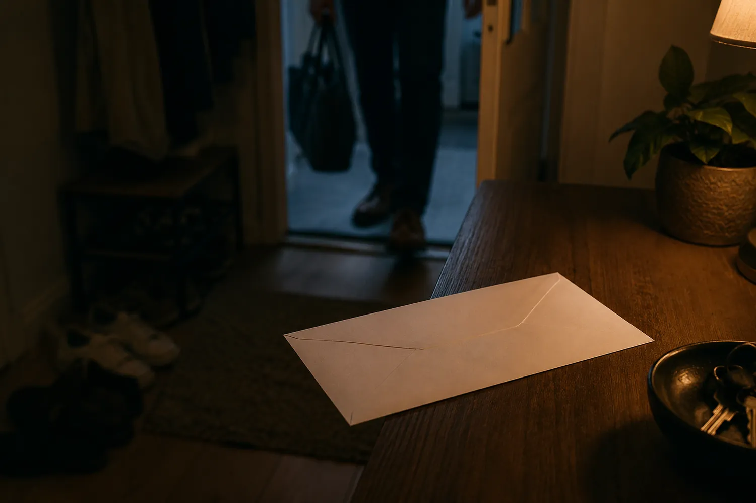 Een dichte envelop ligt op een tafel in de gang, terwijl Rohan thuiskomt
