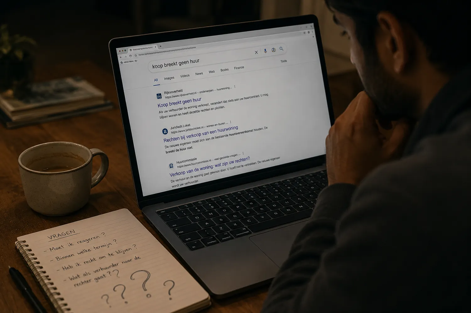 Rohan zoekt ’s avonds op zijn laptop, naast een notitieblok vol vragen