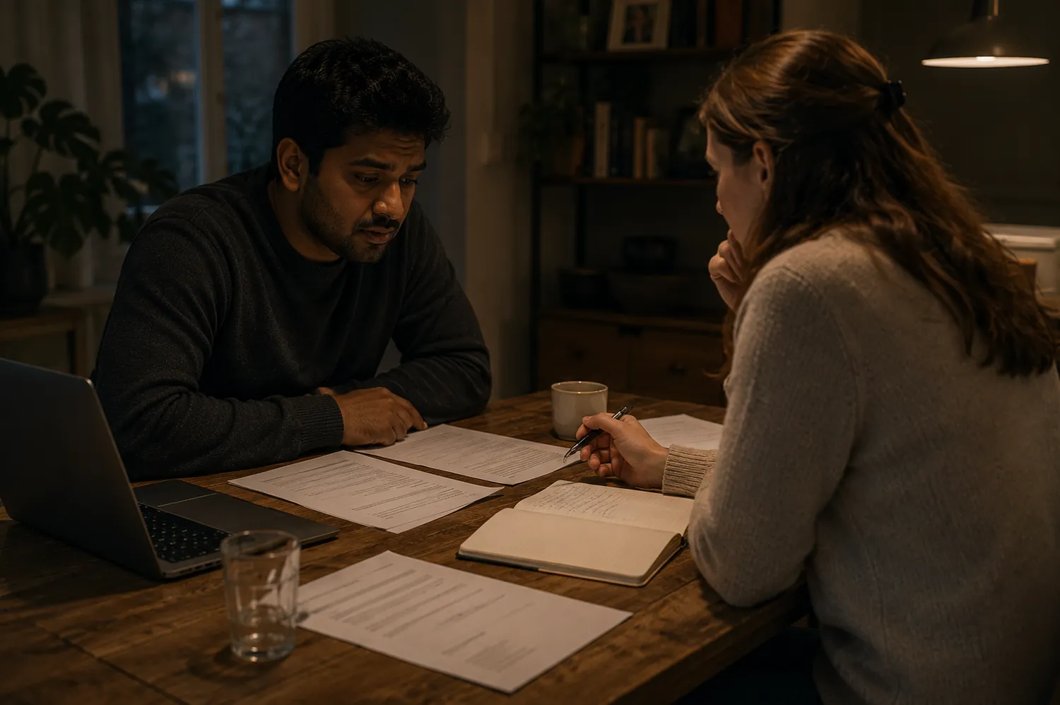 Rohan in gesprek met een woonspecialist, contracten en aantekeningen op tafel