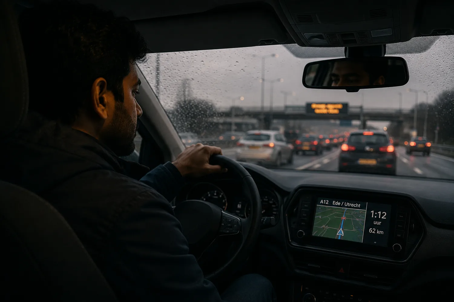 Rohan rijdt in de regen in de file; navigatie toont 1 uur 12, 62 km