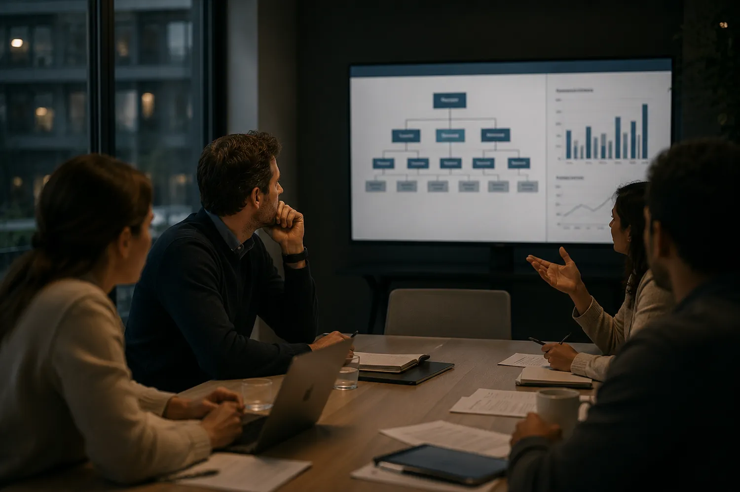 Een managementteam kijkt naar organisatiecijfers op een scherm