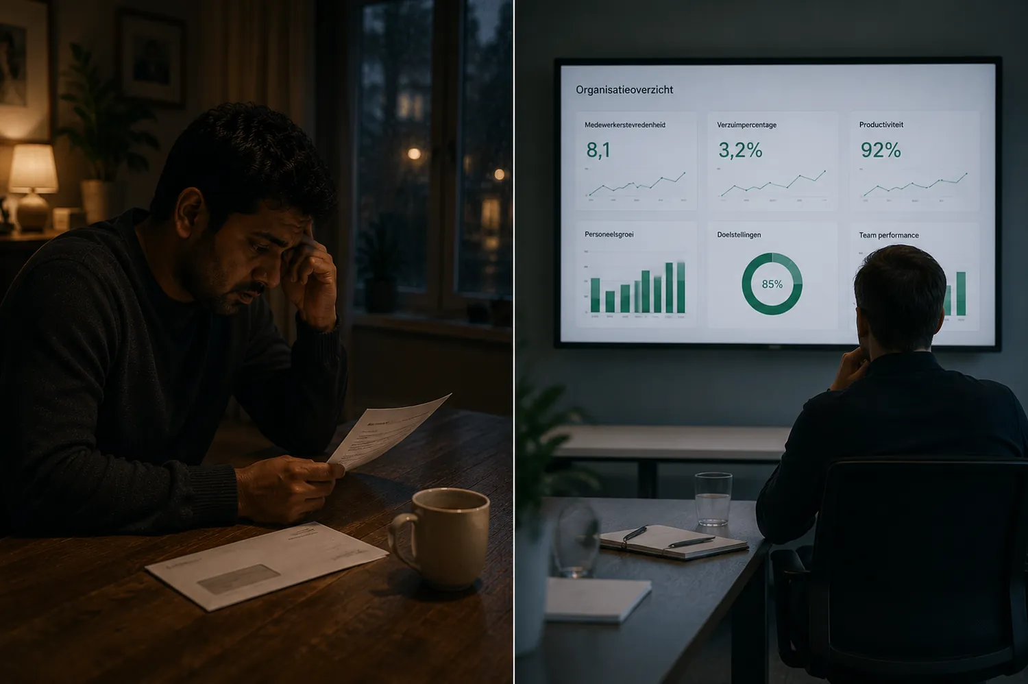 Links Rohan die thuis een brief leest, rechts een manager die naar een organisatiedashboard kijkt