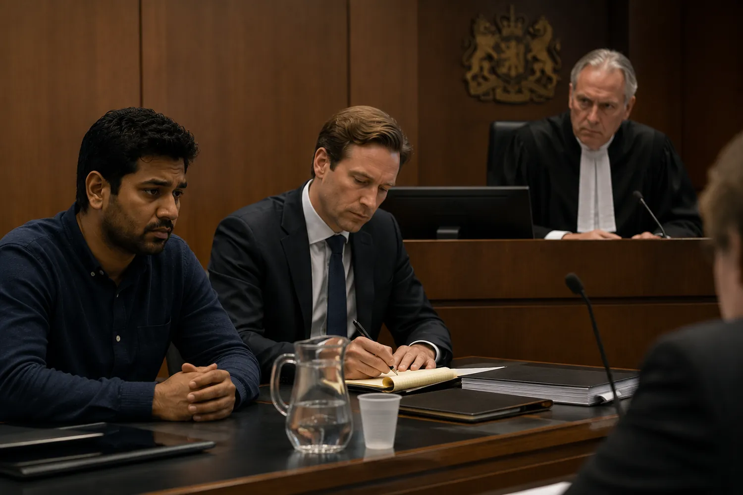 Rohan met een advocaat in een rechtszaal tegenover een rechter